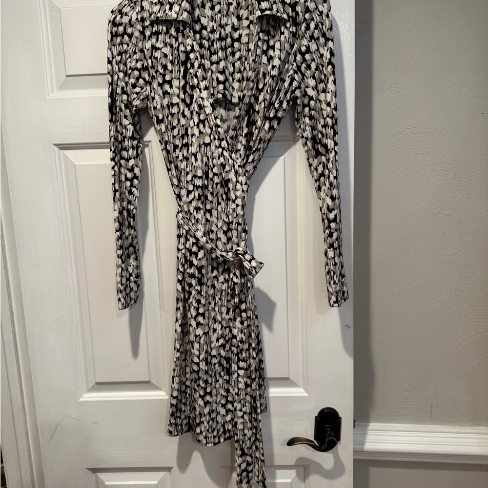 Calvin Klein Black and White and tan Wrap Dress with Dolman Sleeves